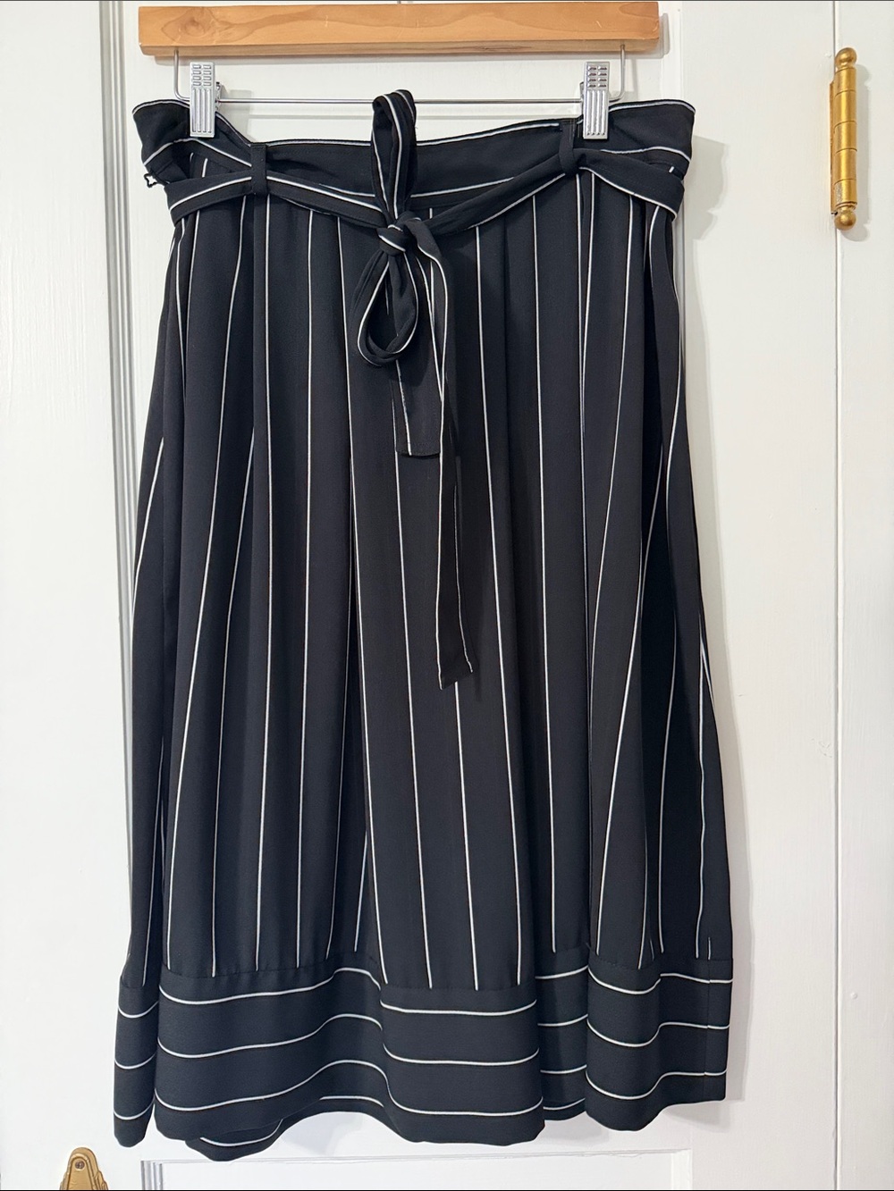 Banana Republic Black Midi Skirt with White Pinstripes and Tie Waist